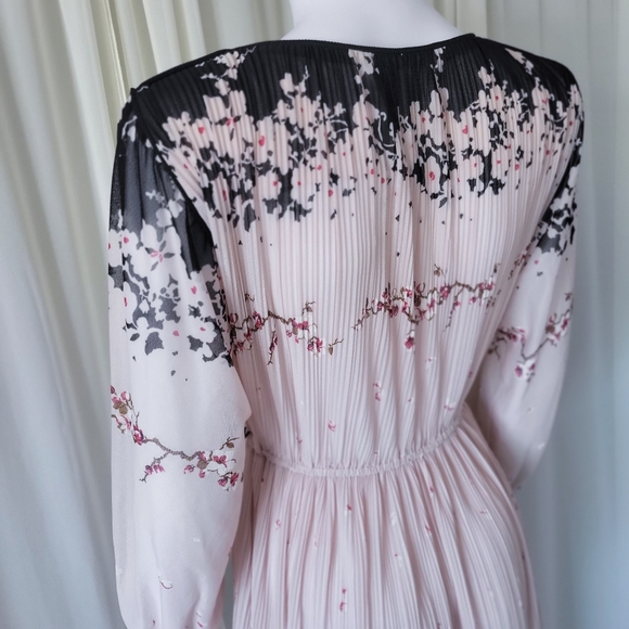 Cherry Blossom Dress • Vintage Pleated Floral Skirt Long Sleeve Blouse Sheer Top - Picture 3 of 4